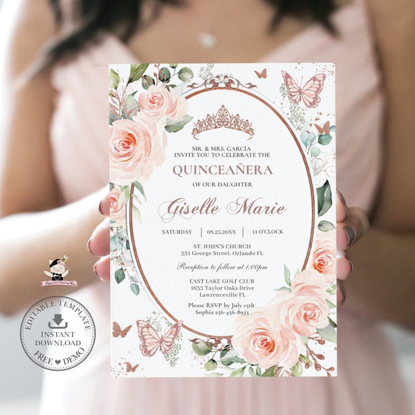 Blush Pink Floral Rose Gold Butterflies Quinceañera Invitation EDITABLE TEMPLATE Mis Quince 15 Sweet 16 Birthday Printable Download QC1