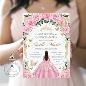 Invitación de quinceañera con mariposas doradas y flores rosas, plantilla editable, Mis Quince 15, XV, Sweet 16, cumpleaños, descarga el archivo digital QC24
