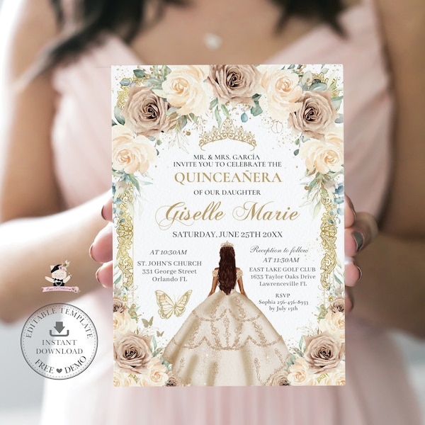 EDITABLE Champagne Floral Dress Brown Princess Gold Quinceañera Invitation Mis Quince 15 XV Sweet 16 Birthday Download Digital File QC15