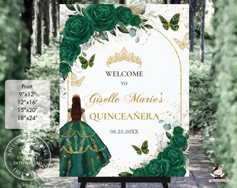 Emerald Green Floral Rose Butterfly Quinceañera Welcome Sign Printable EDITABLE TEMPLATE Quince 15 Sweet 16th Birthday INSTANT Download QC9