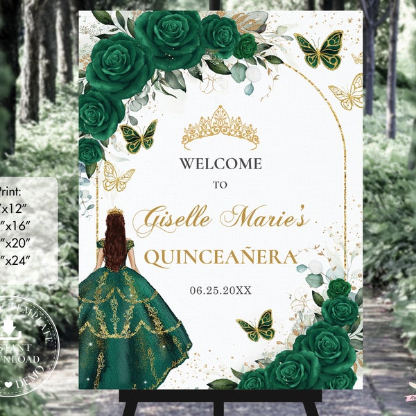 Emerald Green Floral Rose Butterfly Quinceañera Welcome Sign Printable EDITABLE TEMPLATE Quince 15 Sweet 16th Birthday INSTANT Download QC9