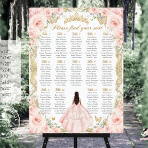 Blush Pink Floral Gold Princess Quinceañera Seating Chart Sign EDITABLE TEMPLATE Quince 15 Sweet 16 Birthday Printable Digital Download QC11