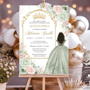 Sage Green Blush Pink Floral Brown Curly Princess Quinceañera Invitation EDITABLE TEMPLATE Quince Sweet 16 Birthday Download Printable QC19