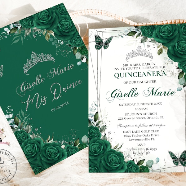 EDITABLE TEMPLATE Emerald Green Floral Roses Butterflies Silver Quinceañera Invitation Printable Quince 15 XV Sweet 16 Birthday Download QC8