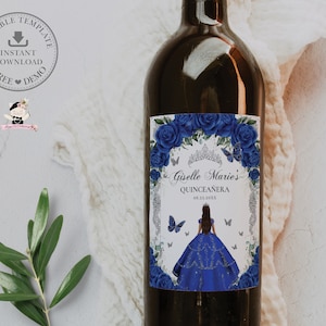 EDITABLE Template Royal Blue Floral Silver Princess Dress Quinceañera Wine Bottle Label Printable Quince 15 Sweet 16 Birthday Printable QC16