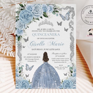 Baby Blue Floral Princess Silver Quinceañera Invitation EDITABLE TEMPLATE Mis Quince 15 Sweet Sixteen 16 Birthday Download Printable QC18