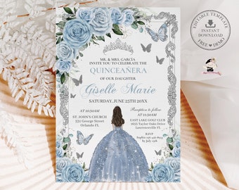 Baby Blue Floral Princess Silver Quinceañera Invitation EDITABLE TEMPLATE Mis Quince 15 Sweet Sixteen 16 Birthday Download Printable QC18