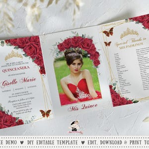 Red Floral Gold Butterflies Quinceañera Tri Fold Invitation Printable EDITABLE TEMPLATE Quince 15 Sweet 16 Birthday INSTANT Download QC13