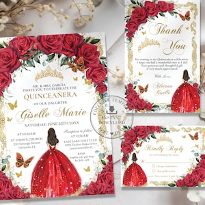 Red Floral Gold Butterflies Princess Quinceañera Invitation Set EDITABLE TEMPLATE Thank You RSVP Quince 16th Birthday Download Digital QC13