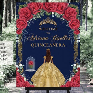 Enchanted Red Rose Floral Gold Dress Princess Quinceañera Welcome Sign Printable EDITABLE TEMPLATE Quince Sweet 16 Birthday Download QC2