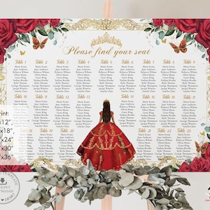 Red Roses Quinceañera Seating Chart: Gold Crown, Butterflies (Editable Template, 24&quot;x36&quot;)