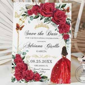 EDITABLE Red Roses Flora Gold Quinceañera Save the Date Quince Princess Girl Dress Sweet 16 Birthday Debutante Printable Download File QC13