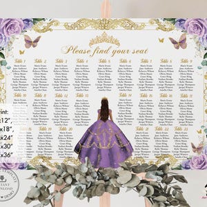 Purple Lilac Roses Floral Tan Girl Gold Quinceañera Seating Chart Sign EDITABLE TEMPLATE Quince Sweet 15 16 Birthday Printable Download QC37