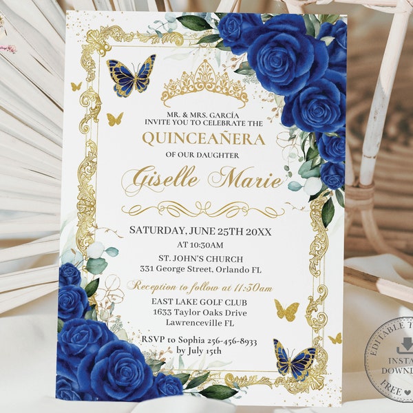 Royal Blue Floral Vintage Gold Butterflies Quinceañera Invitation EDITABLE TEMPLATE Quince 15 XV Sweet 16 Birthday Download Digital QC16
