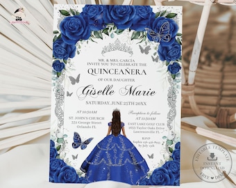 Royal Blue Floral Silver Butterflies Princess Quinceañera Invitation EDITABLE TEMPLATE Quince 15 XV Sweet 16 Birthday Download Digital QC16