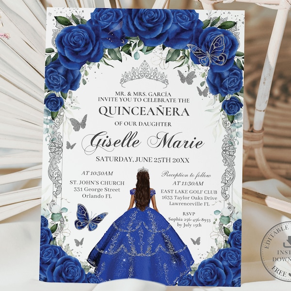 Royal Blue Floral Silver Butterflies Princess Quinceañera Invitation EDITABLE TEMPLATE Quince 15 XV Sweet 16 Birthday Download Digital QC16