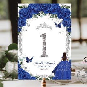 Royal Blue Rose Floral Silver Tan Princess Quinceañera Table Number Printable EDITABLE TEMPLATE Quince 15 XV Sweet 16 Birthday Download QC16