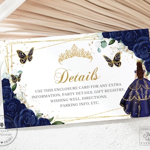 EDITABLE TEMPLATE Navy Blue Floral Gold Girl Quinceañera Details Registry Reception Card Printable Quince Sweet 16 Birthday Printable QC10