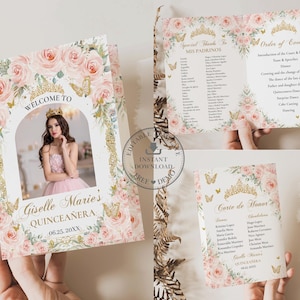 Blush Pink Floral Quinceañera Photo Bi-Fold Program, Vintage Gold (Editable Template) Mis Quince XV 15 Padrinos Damas Order of Events QC11