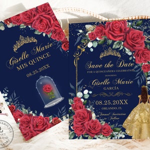 EDITABLE Enchanted Red Roses Yellow Gold Gown Dress Quinceañera Save the Date Mis Quince 15 XV Sweet 16 Birthday Download Digital File QC2