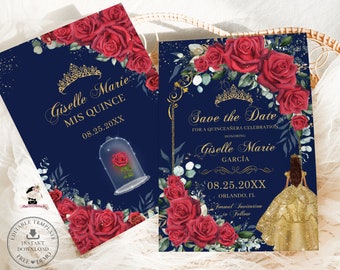 May include: Two blue and gold save the date cards with red roses and a gold crown. The text on the cards reads "Save the Date for a Quinceañera Celebration Honoring Giselle Marie Garcia 08.25.20XX Orlando, FL Formal Invitation to Follow".