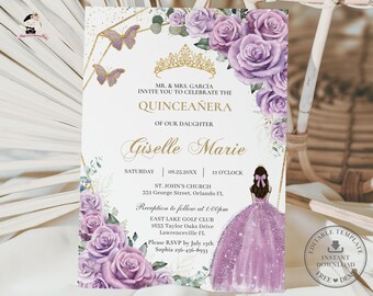 May include: Purple and gold Quinceañera invitation with a floral design, a crown, and butterflies. The invitation includes the text "MR. & MRS. GARCÍA INVITE YOU TO CELEBRATE THE QUINCEAÑERA OF OUR DAUGHTER Giselle Marie" and details for the event, including the date, time, and location.