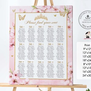 Cherry Blossoms Floral Seating Chart, Pink Floral Gold Quinceañera Sweet 16 Mis Quince 15 Editable Digital Download Seat Arrangement QC4