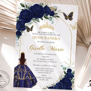 Navy Blue Floral Roses Butterflies Gold Quinceañera Invitation Printable EDITABLE TEMPLATE Mis Quince 15 Sweet 16 Birthday Download QC10