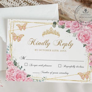 May include: A white invitation card with gold geometric lines, pink roses, and butterflies. The text "Kindly Reply" is in elegant gold script. Includes a fill-in section for the recipient's response and number of guests.