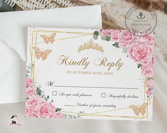 Puede incluir: Tarjeta de invitación blanca con líneas geométricas doradas, rosas rosas y mariposas. El texto "Kindly Reply" está en oro. Incluye una sección para la respuesta del destinatario y el número de invitados.