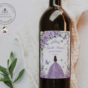 EDITABLE Purple Lilac Lavender Floral Silver Princess Quinceañera Wine Bottle Label Printable Mis Quince 15 Sweet 16 Birthday Printable QC14