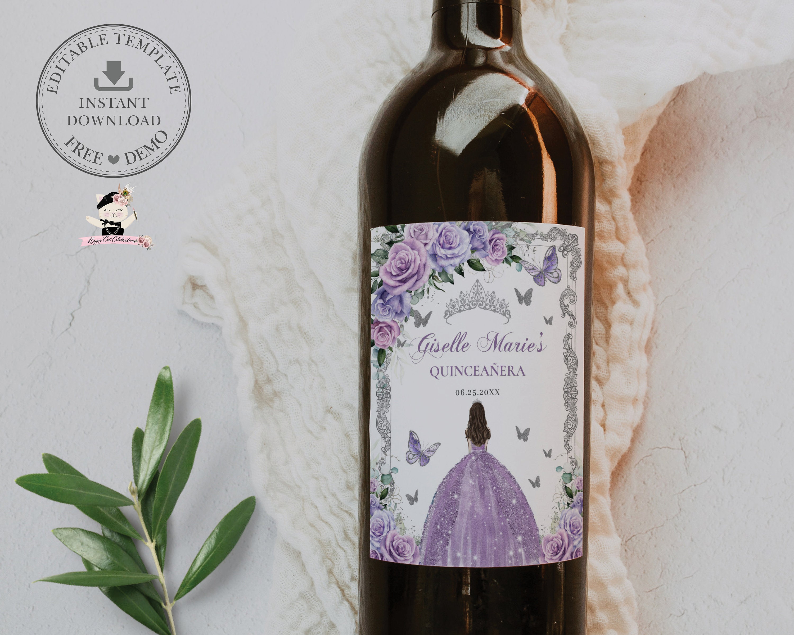 EDITABLE Purple Lilac Lavender Floral Silver Princess Quinceañera Wine Bottle Label Printable Mis Quince 15 Sweet 16 Birthday Printable QC14