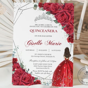 Red Floral Rose Silver Princess Quinceañera Invitation Printable EDITABLE TEMPLATE Mis Quince 15 Sweet 16th Birthday INSTANT Download QC13
