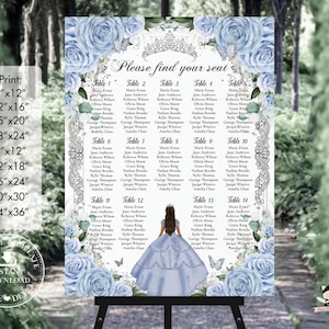 May include: A wedding seating chart featuring a blue floral design with a princess illustration. The chart includes guest names organized by table number. The text reads "Please find your seat". Available print sizes are listed.