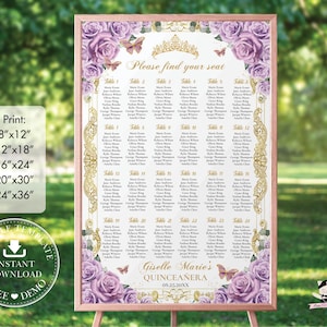 Purple Lilac Roses Floral Gold Quinceañera Seating Chart Sign EDITABLE TEMPLATE Quince 15 XV Sweet 16 18th Birthday Printable Download QC3