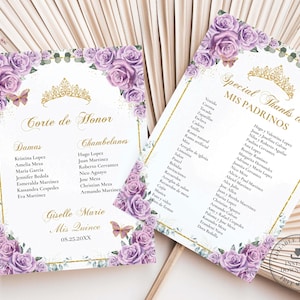EDITABLE Purple Lilac Roses Floral Flowers Gold Butterflies Quinceañera Padrinos List Corte de Honor Dama Quince 15 XV Birthday Download QC3