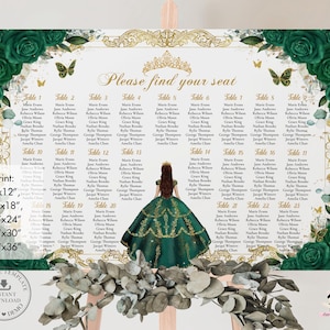 Emerald Green Floral Princess Gold Quinceañera Seating Chart Sign EDITABLE TEMPLATE Quince Sweet 15 16 18 Birthday Printable Download QC9
