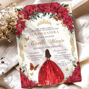 Red Floral Gold Butterflies Princess Quinceañera Invitation EDITABLE TEMPLATE Quince 15 XV Sweet 16th Birthday Download Digital File QC13