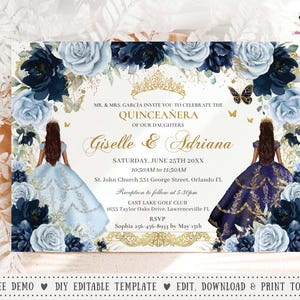 EDITABLE Navy Baby Blue Floral Roses Dress Princess Gold Twins Quinceañera Invitation Quince 15 XV Sweet 16 Birthday Download Digital QC91