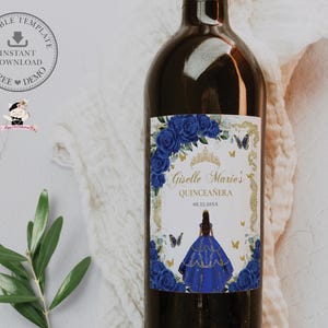 Royal Blue Floral Gold Princess Dress Quinceañera Wine Bottle Label EDITABLE Template Quince 15 XV Sweet 16 Birthday Printable Download QC16