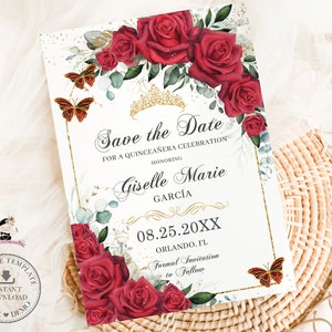 EDITABLE Red Floral Roses Gold Butterflies Quinceañera Save the Date Mis Quince Sweet 16 Birthday Debutante Printable Download File QC13