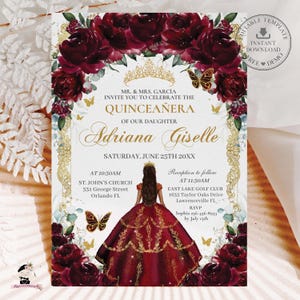 EDITABLE Rich Burgundy Floral Roses Tan Princess Vintage Gold Quinceañera Invitation Quince 15 XV Sweet 16 Birthday Download Digital QC30