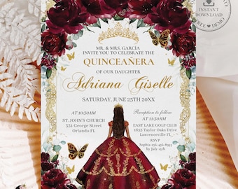 May include: A quinceañera invitation with a burgundy and gold floral design. The invitation features the text "Mr. & Mrs. García invite you to celebrate the Quinceañera of our daughter Adriana Giselle." Includes event details and RSVP information.