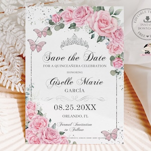 EDITABLE TEMPLATE Light Pink Rose Floral Silver Butterflies Quinceañera Save the Date Quince 15 XV Sweet 16 Birthday Download Printable QC24