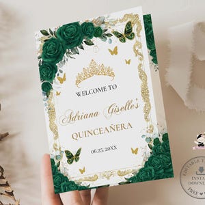 May include: A Quinceañera welcome sign with a gold frame, a gold tiara, and green roses. The sign reads "Welcome to Adriana Giselle's Quinceañera" with the date 06.25.20XX. Butterflies and floral accents decorate the sign.