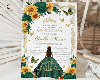 Emerald Green Floral Sunflowers Princess Gold Quinceañera Invitation EDITABLE TEMPLATE Quince 15 Sweet 16 Birthday Download Printable QC22