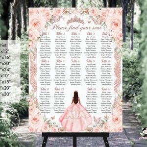 Blush Pink Floral Princess Seating Chart, Quinceañera Sweet 16 Editable Digital Download, Vintage Rose Gold Seat Arrangement QC1