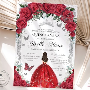 Red Floral Silver Butterflies Princess Quinceañera Invitation EDITABLE TEMPLATE Quince 15 XV Sweet 16th Birthday Download Digital File QC13