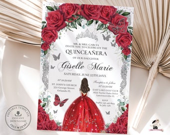 Red Floral Silver Butterflies Princess Quinceañera Invitation EDITABLE TEMPLATE Quince 15 XV Sweet 16th Birthday Download Digital File QC13