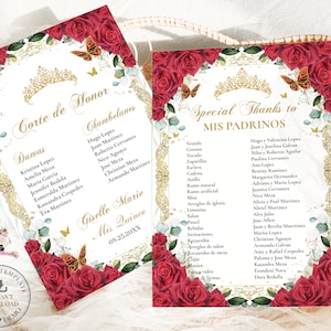 EDITABLE Template Red Roses Floral Vintage Gold Butterflies Quinceañera Padrinos List Corte de Honor Quince 15 XV Birthday Download QC13